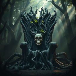 A majestic throne crafted from intertwined tree trunks, situated in the heart of a dark, mystical forest