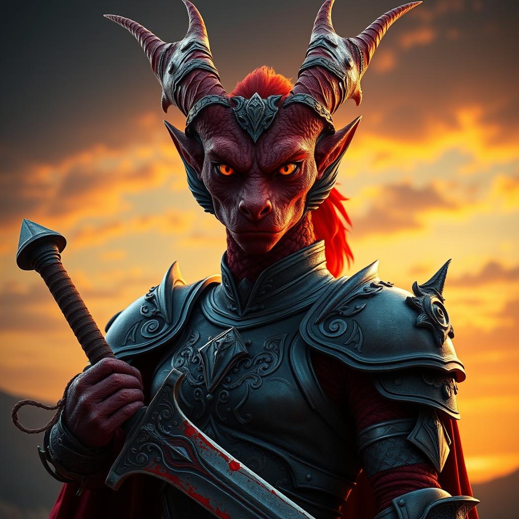 A captivating portrait of a 20-years-old beautiful red dragonborn with medium-sized horns and striking yellow glowing eyes, gazing directly at the camera