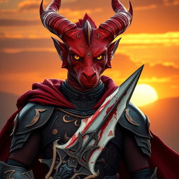 A captivating portrait of a 20-years-old beautiful red dragonborn with medium-sized horns and striking yellow glowing eyes, gazing directly at the camera