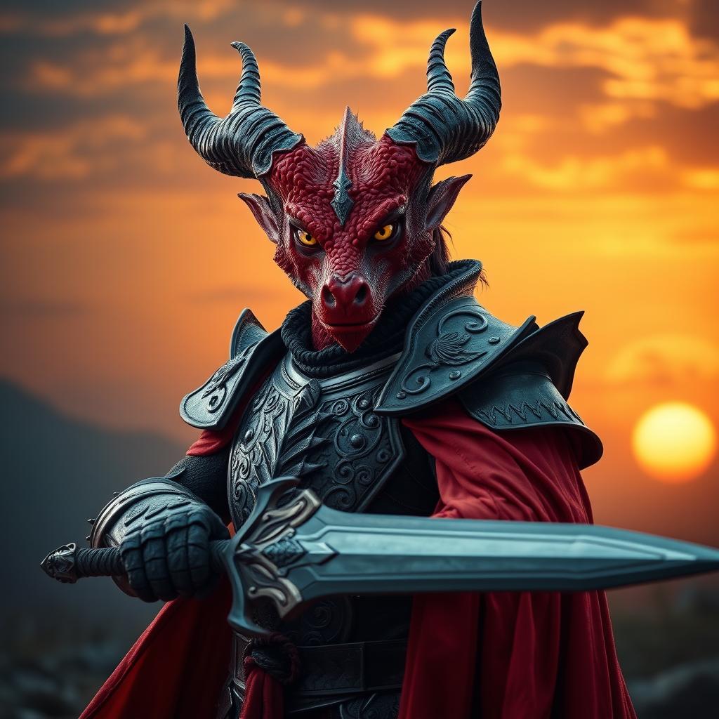 A captivating portrait of a 20-years-old beautiful red dragonborn with medium-sized horns and striking yellow glowing eyes, gazing directly at the camera