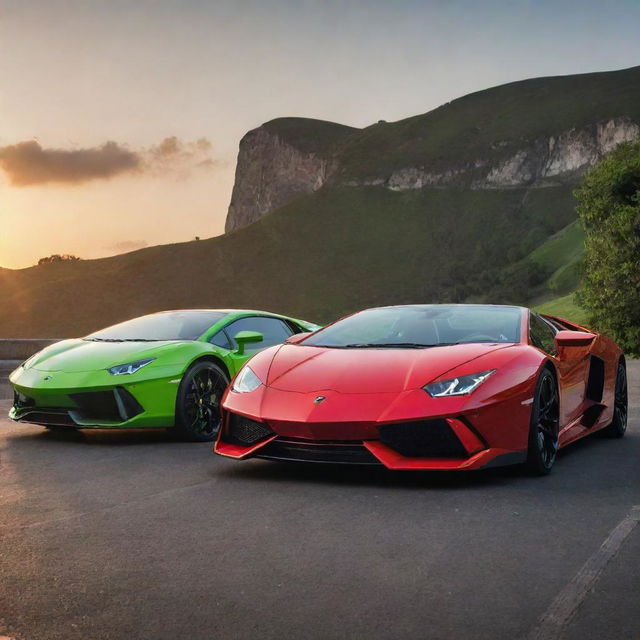 A stunning sports car, gleaming in vivid red, alongside a sleek Lamborghini in an electrifying lime green, both parked under the glow of a setting sun.