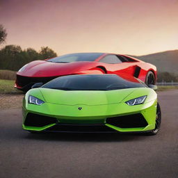 A stunning sports car, gleaming in vivid red, alongside a sleek Lamborghini in an electrifying lime green, both parked under the glow of a setting sun.