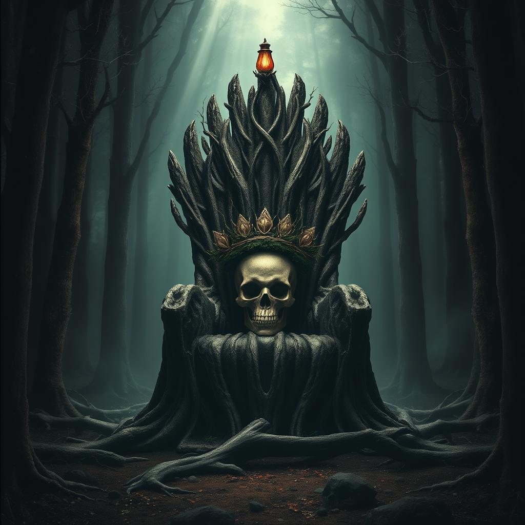 A book cover depicting a throne made from tree trunks situated in the center of a dark forest