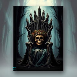 A book cover depicting a throne made from tree trunks situated in the center of a dark forest