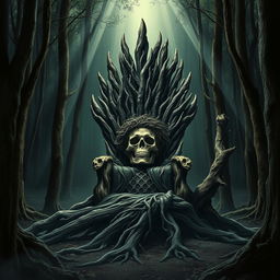 A book cover depicting a throne made from tree trunks situated in the center of a dark forest