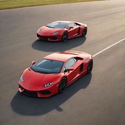 A striking sports car in racing red and a luxurious Lamborghini in sun-kissed gold, side by side on a pristine race track.