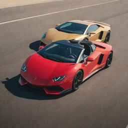 A striking sports car in racing red and a luxurious Lamborghini in sun-kissed gold, side by side on a pristine race track.