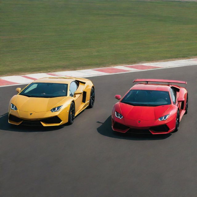 A striking sports car in racing red and a luxurious Lamborghini in sun-kissed gold, side by side on a pristine race track.