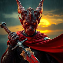 A striking portrait of an 18-years-old angry yet beautiful red male dragonborn with short horns and intense yellow glowing eyes, glaring directly at the camera amidst a rain-soaked backdrop