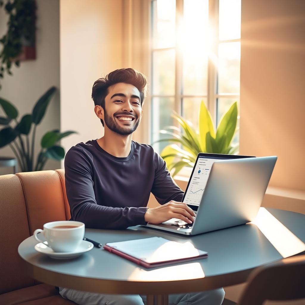 A tranquil scene depicting a person looking relieved and content while sitting at a cozy café table with a laptop in front of them