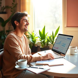 A tranquil scene depicting a person looking relieved and content while sitting at a cozy café table with a laptop in front of them