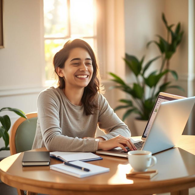 A tranquil scene depicting a person looking relieved and content while sitting at a cozy café table with a laptop in front of them