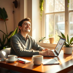 A tranquil scene depicting a person looking relieved and content while sitting at a cozy café table with a laptop in front of them