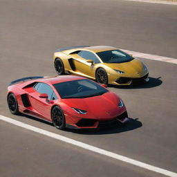 A striking sports car in racing red and a luxurious Lamborghini in sun-kissed gold, side by side on a pristine race track.