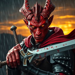 A striking portrait of an 18-years-old angry yet beautiful red male dragonborn with short horns and fierce yellow glowing eyes, glaring directly at the camera as rain pours around him