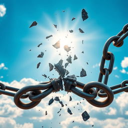 A powerful and inspirational image of a heavy chain breaking apart, with the broken links flying away