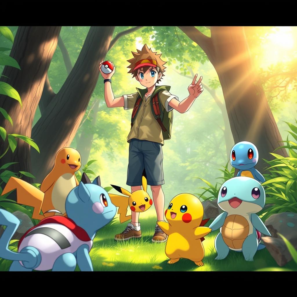 A lively scene depicting a young Pokémon trainer standing confidently in a lush green forest, surrounded by vibrant, colorful Pokémon