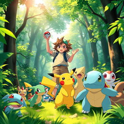 A lively scene depicting a young Pokémon trainer standing confidently in a lush green forest, surrounded by vibrant, colorful Pokémon