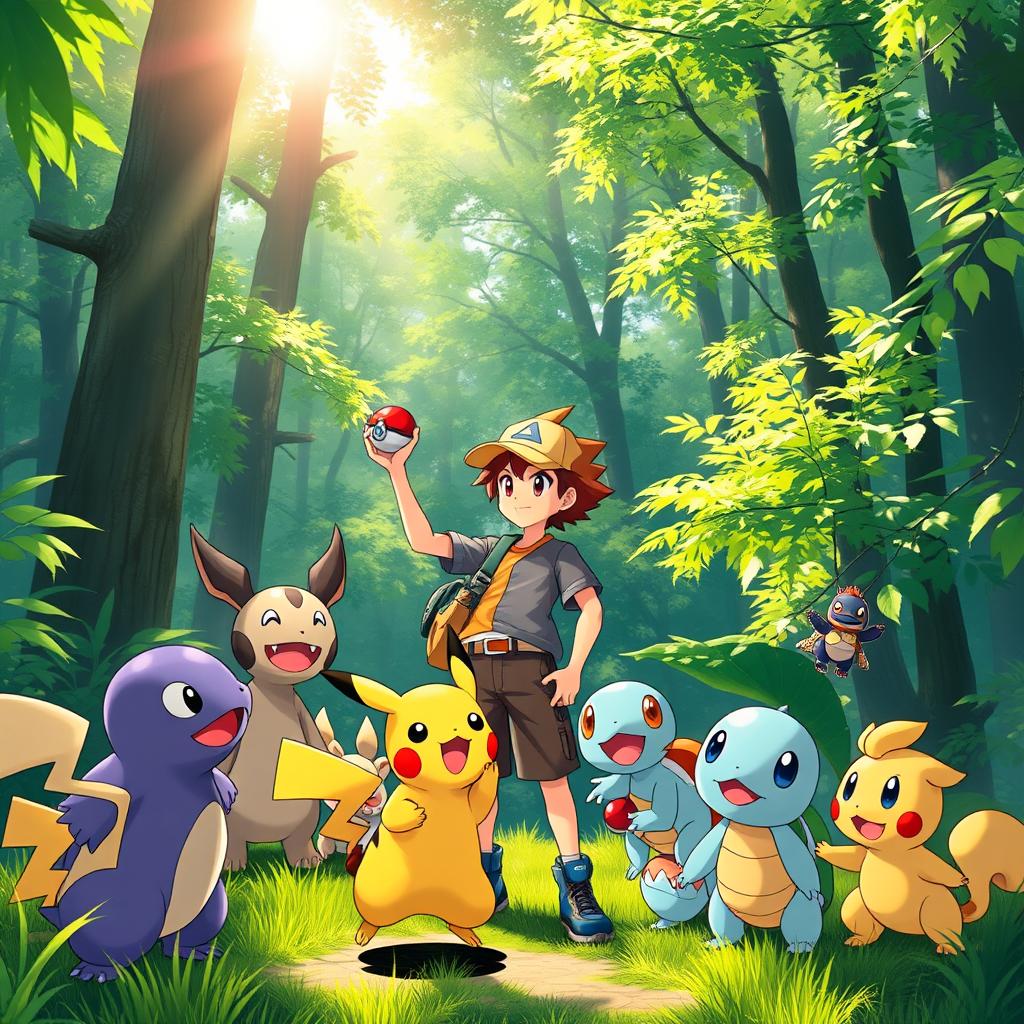 A lively scene depicting a young Pokémon trainer standing confidently in a lush green forest, surrounded by vibrant, colorful Pokémon