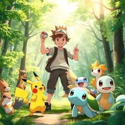 A lively scene depicting a young Pokémon trainer standing confidently in a lush green forest, surrounded by vibrant, colorful Pokémon