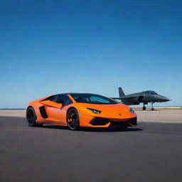 A sleek, polished Lamborghini in vibrant orange and a robust fighter jet in stealthy matte black positioned together on an airstrip under a cloudless blue sky.