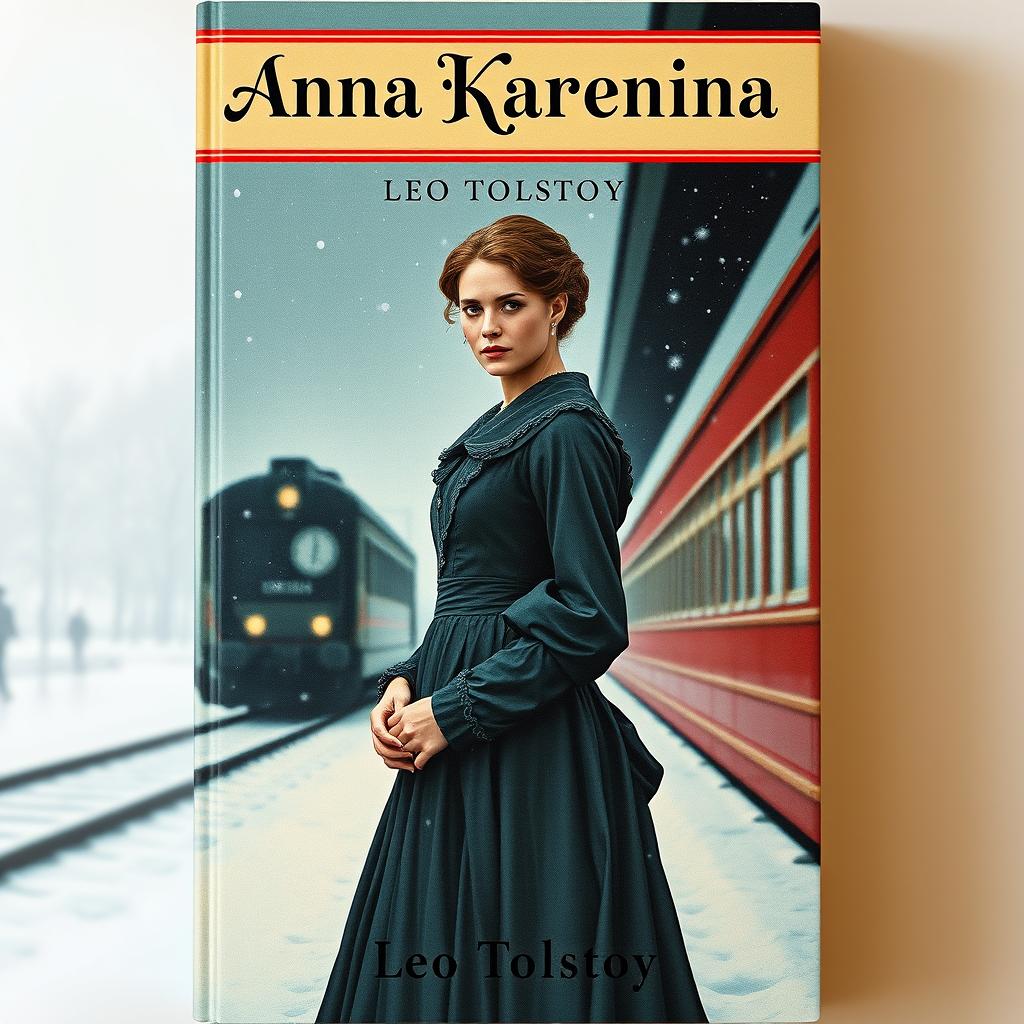 A classic book cover design for 'Anna Karenina' by Leo Tolstoy