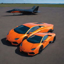 A sleek, polished Lamborghini in vibrant orange and a robust fighter jet in stealthy matte black positioned together on an airstrip under a cloudless blue sky.