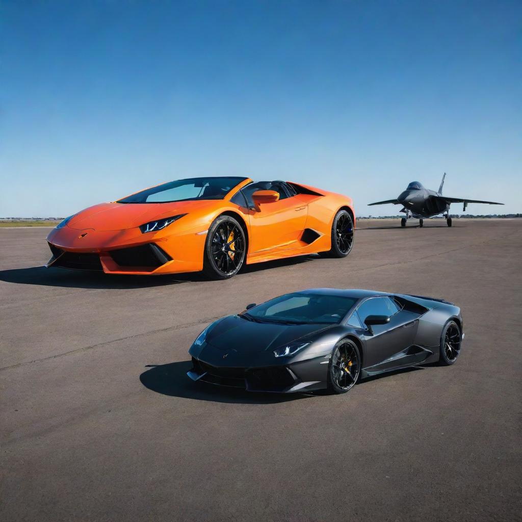 A sleek, polished Lamborghini in vibrant orange and a robust fighter jet in stealthy matte black positioned together on an airstrip under a cloudless blue sky.