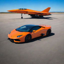 A sleek, polished Lamborghini in vibrant orange and a robust fighter jet in stealthy matte black positioned together on an airstrip under a cloudless blue sky.