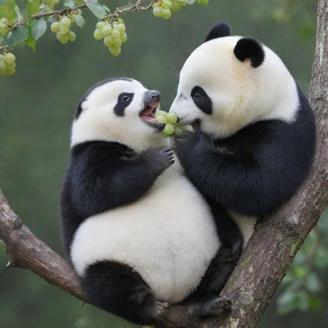 An adorable penguin on a tree branch, munching on fresh grapes, shares a friendly moment with a panda sitting nearby.