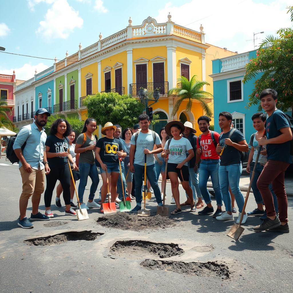 In a picturesque town in Puerto Rico, young activists gather around a pothole-ridden street, embodying the spirit of change in the face of corruption and apathy