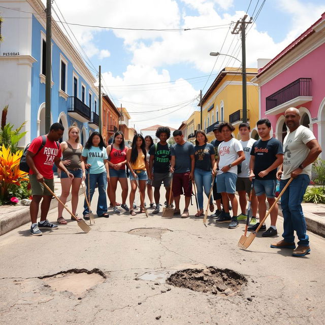 In a picturesque town in Puerto Rico, young activists gather around a pothole-ridden street, embodying the spirit of change in the face of corruption and apathy