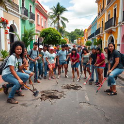 In a picturesque town in Puerto Rico, young activists gather around a pothole-ridden street, embodying the spirit of change in the face of corruption and apathy