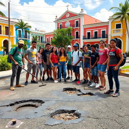 In a picturesque town in Puerto Rico, young activists gather around a pothole-ridden street, embodying the spirit of change in the face of corruption and apathy