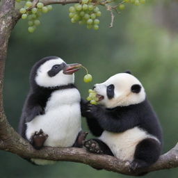 An adorable penguin on a tree branch, munching on fresh grapes, shares a friendly moment with a panda sitting nearby.