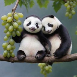 An adorable penguin on a tree branch, munching on fresh grapes, shares a friendly moment with a panda sitting nearby.