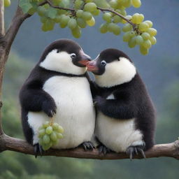 An adorable penguin on a tree branch, munching on fresh grapes, shares a friendly moment with a panda sitting nearby.