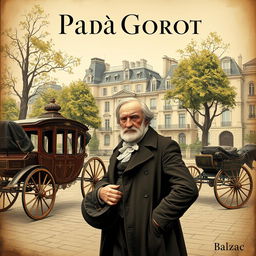 A classic book cover design for 'Papá Goriot' featuring an elegant Parisian street scene set in the early 19th century