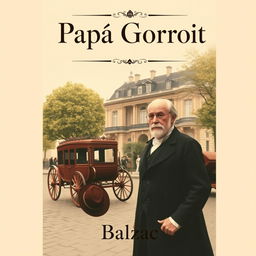 A classic book cover design for 'Papá Goriot' featuring an elegant Parisian street scene set in the early 19th century