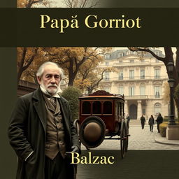 A classic book cover design for 'Papá Goriot' featuring an elegant Parisian street scene set in the early 19th century