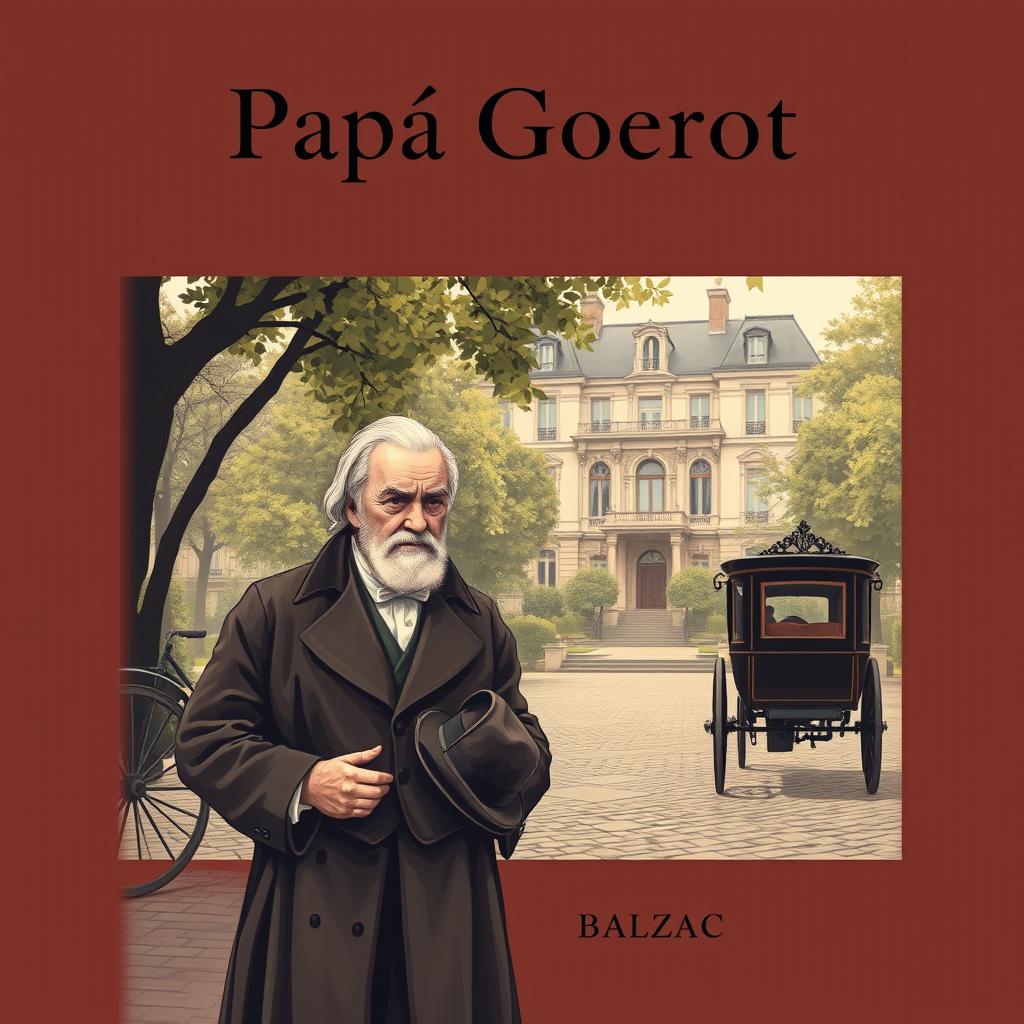 A classic book cover design for 'Papá Goriot' featuring an elegant Parisian street scene set in the early 19th century