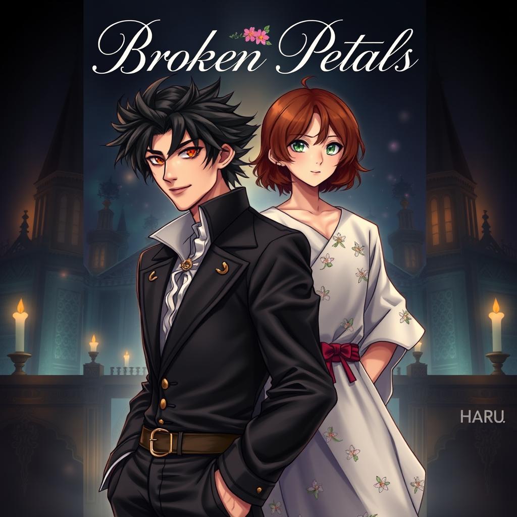 Book cover design for 'Broken Petals' featuring a dark, enchanted palace backdrop with a faint glow highlighting the main characters