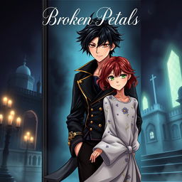 Book cover design for 'Broken Petals' featuring a dark, enchanted palace backdrop with a faint glow highlighting the main characters