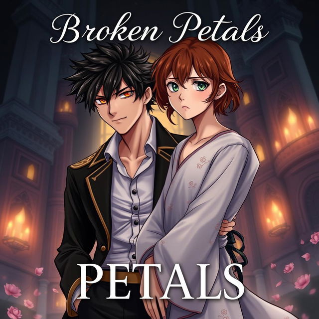 Book cover design for 'Broken Petals' featuring a dark, enchanted palace backdrop with a faint glow highlighting the main characters