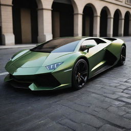 A sleek, futuristic Lamborghini concept car incorporating design elements inspired by a crocodile. Features like brawny, crocodile skin-textured exterior, and intimidating headlights reminiscent of a crocodile's eyes.