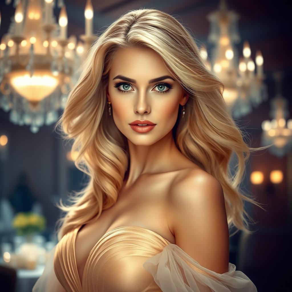 A portrait of a glamorous woman named Margen Simmon, featuring her with flowing golden hair and captivating green eyes