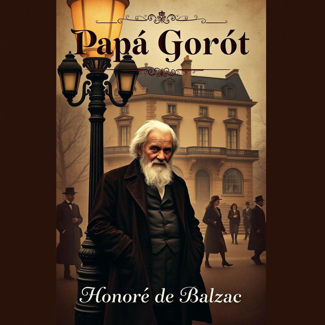 A sophisticated book cover design for 'Papá Goriot' by Honoré de Balzac, featuring a dramatic Parisian street scene from the early 19th century