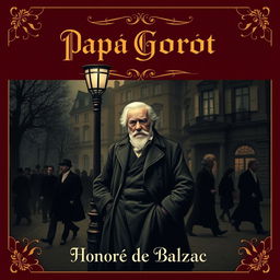 A sophisticated book cover design for 'Papá Goriot' by Honoré de Balzac, featuring a dramatic Parisian street scene from the early 19th century