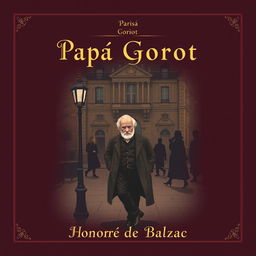 A sophisticated book cover design for 'Papá Goriot' by Honoré de Balzac, featuring a dramatic Parisian street scene from the early 19th century