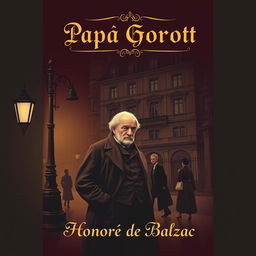 A sophisticated book cover design for 'Papá Goriot' by Honoré de Balzac, featuring a dramatic Parisian street scene from the early 19th century